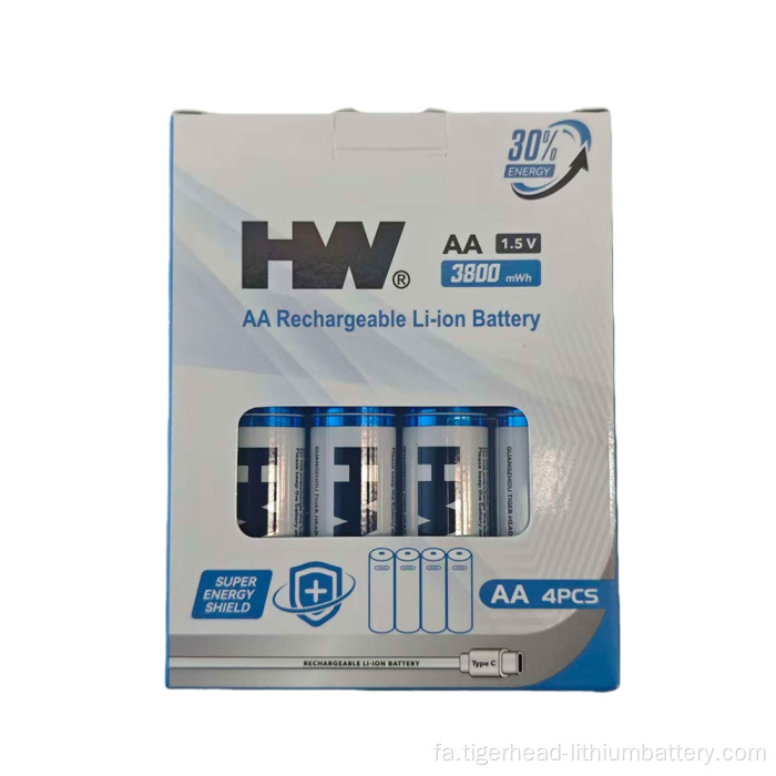 باتری لیتیومی قابل شارژ USB-C 4PCS 1.5V AA 3800mWh